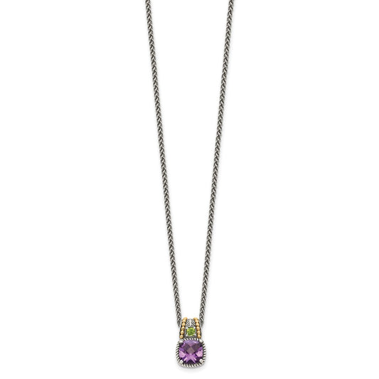 Sterling Silver 14K Gold Accent Cushion 1.85 Amethyst and .21 Peridot Necklace 18"