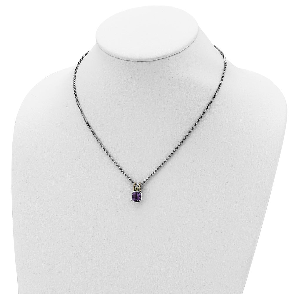 Sterling Silver 14K Gold Accent Cushion 1.85 Amethyst and .21 Peridot Necklace 18"