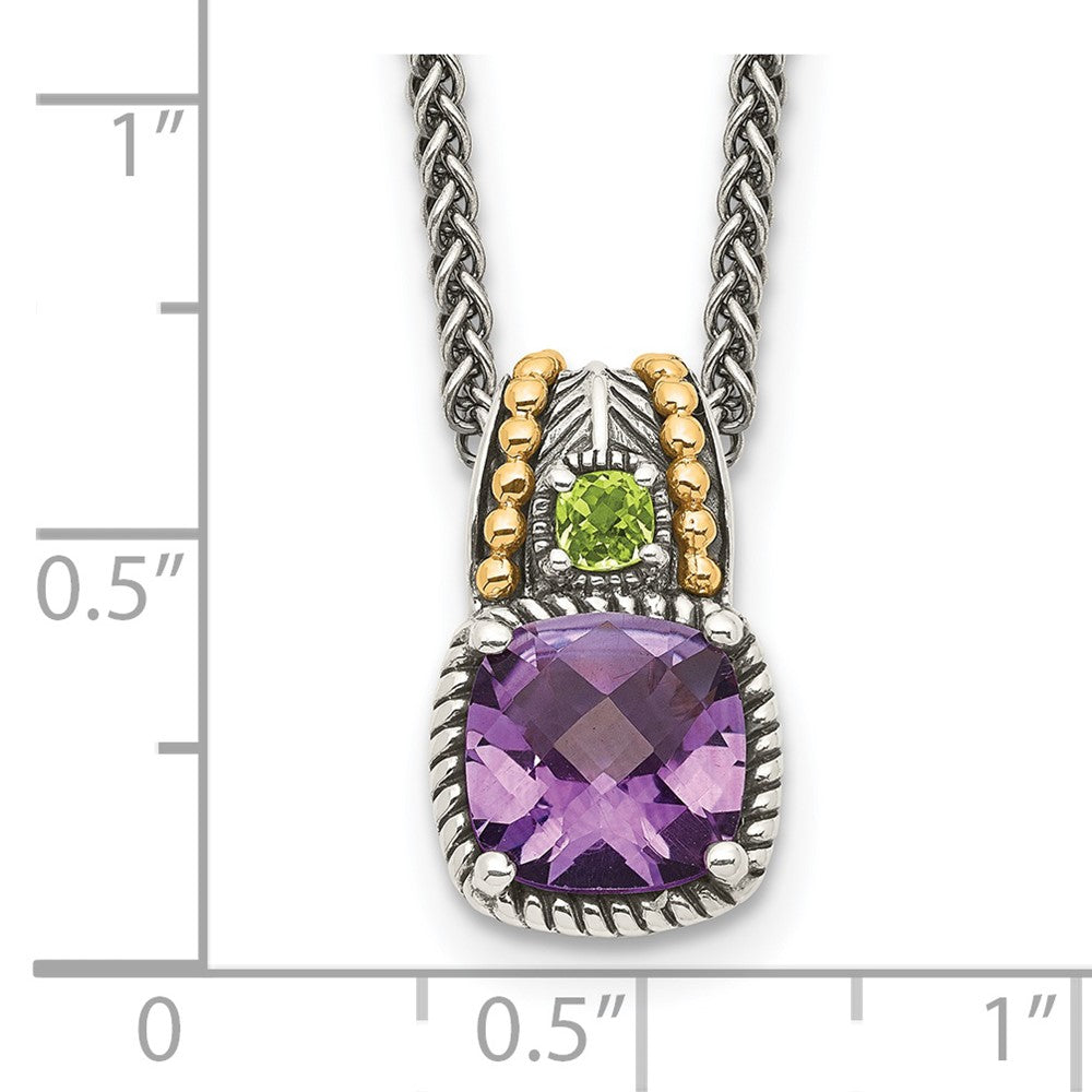 Sterling Silver 14K Gold Accent Cushion 1.85 Amethyst and .21 Peridot Necklace 18"