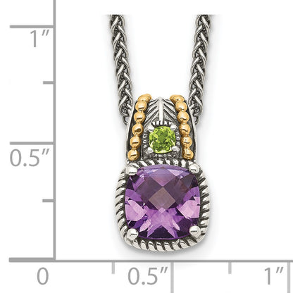 Sterling Silver 14K Gold Accent Cushion 1.85 Amethyst and .21 Peridot Necklace 18"