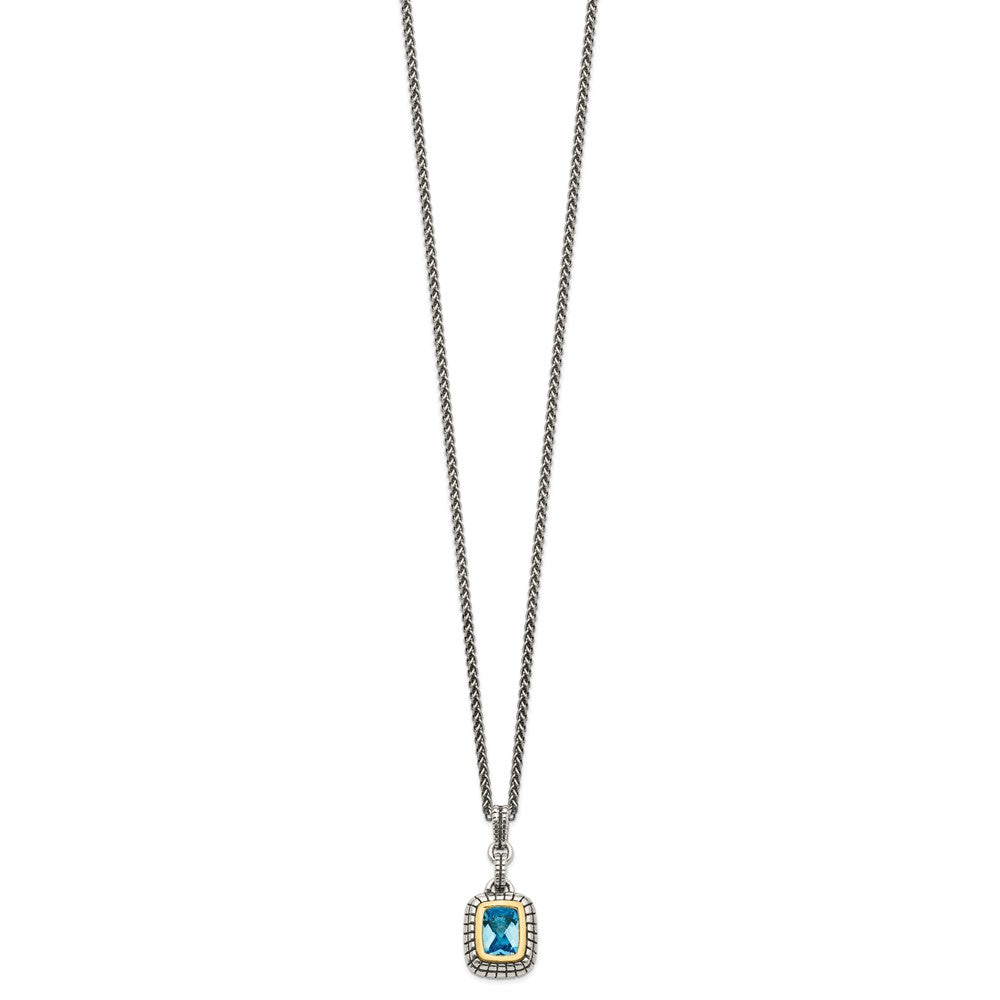 Sterling Silver 14K Gold Accent Cushion Bezel Swiss Blue Topaz Necklace 18"