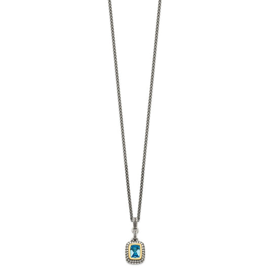 Sterling Silver 14K Gold Accent Cushion Bezel Swiss Blue Topaz Necklace 18"