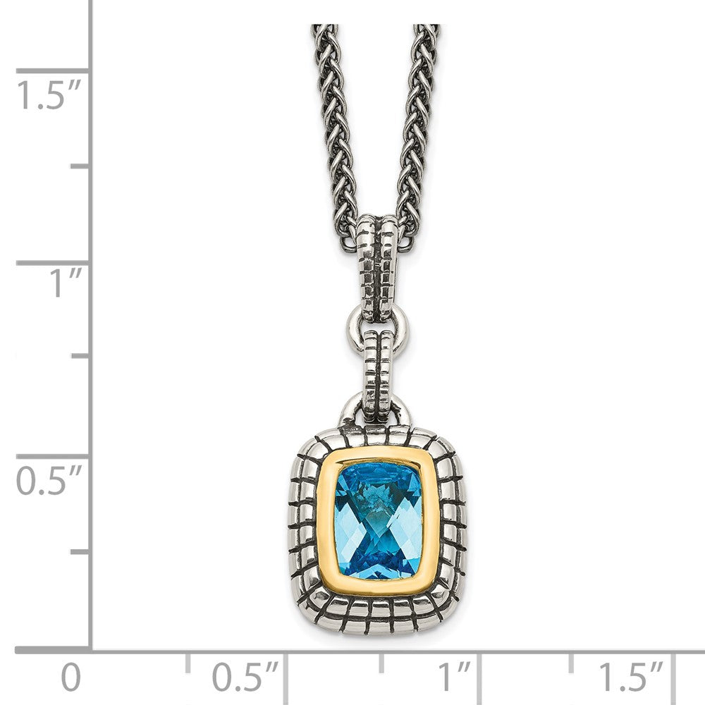 Sterling Silver 14K Gold Accent Cushion Bezel Swiss Blue Topaz Necklace 18"