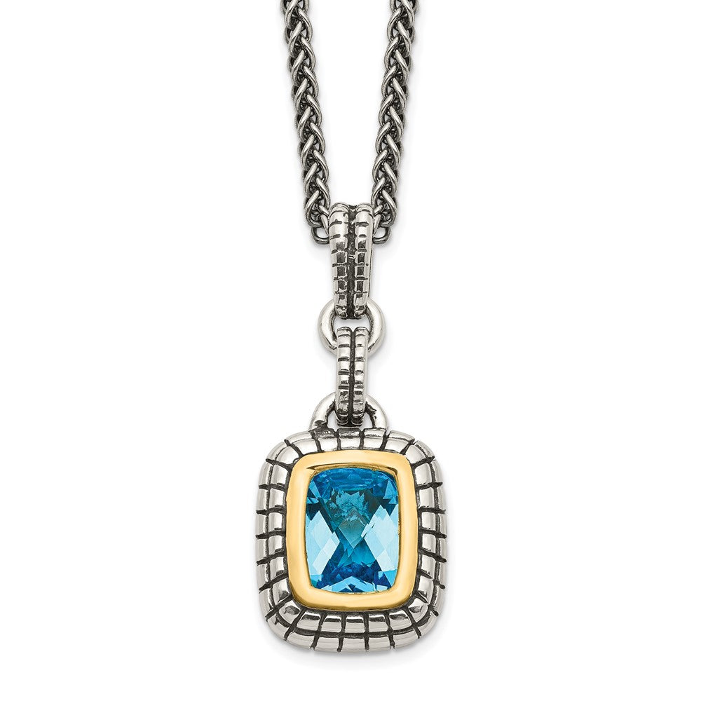Sterling Silver 14K Gold Accent Cushion Bezel Swiss Blue Topaz Necklace 18"