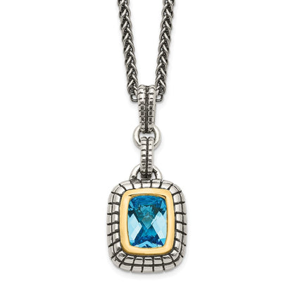 Sterling Silver 14K Gold Accent Cushion Bezel Swiss Blue Topaz Necklace 18"