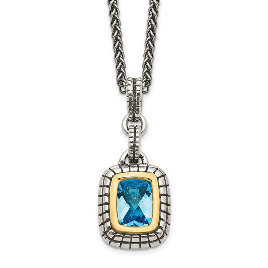 Sterling Silver 14K Gold Accent Cushion Bezel Swiss Blue Topaz Necklace 18"