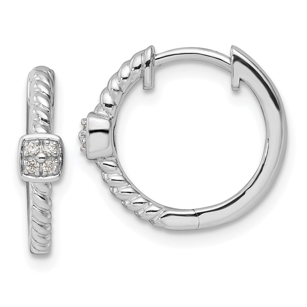Sterling Silver Rhodium-plated Diamond Square Hinged Hoop Earrings