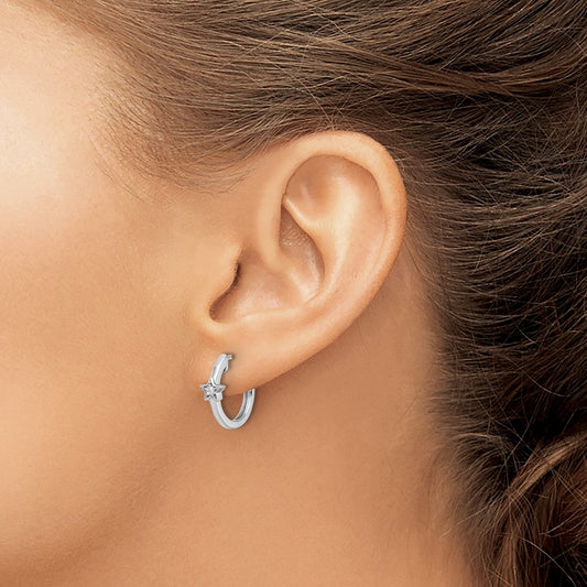 Sterling Silver Rhodium-plated Diamond Star Hinged Hoop Earrings