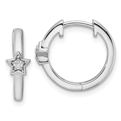 Sterling Silver Rhodium-plated Diamond Star Hinged Hoop Earrings