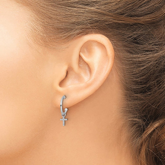 Sterling Silver Rhodium-plated Diamond Cross Dangle J-Hoop Post Earrings