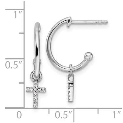 Sterling Silver Rhodium-plated Diamond Cross Dangle J-Hoop Post Earrings