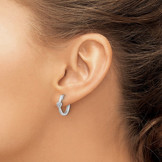Sterling Silver Rhodium-plated Diamond Heart Hinged Hoop Earrings