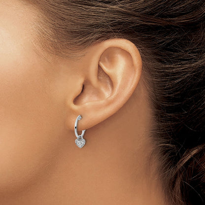 Sterling Silver Rhodium-plated Diamond Heart Dangle J-Hoop Post Earrings
