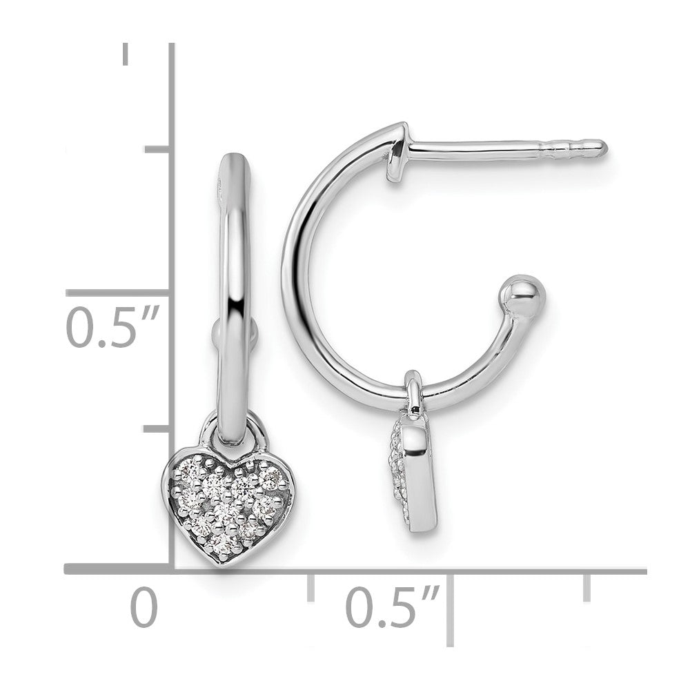 Sterling Silver Rhodium-plated Diamond Heart Dangle J-Hoop Post Earrings