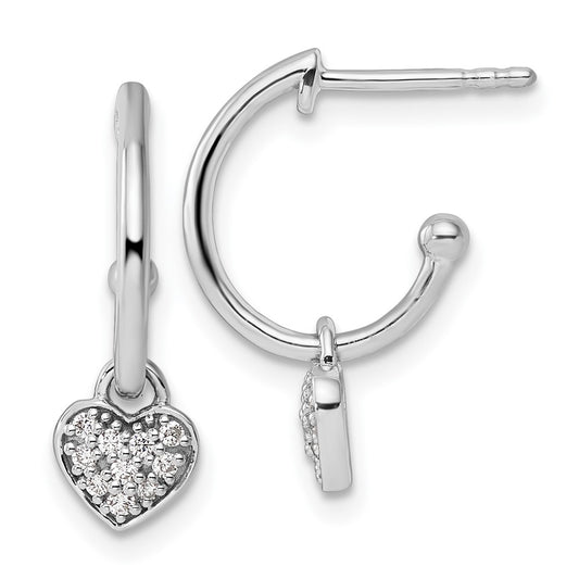 Sterling Silver Rhodium-plated Diamond Heart Dangle J-Hoop Post Earrings