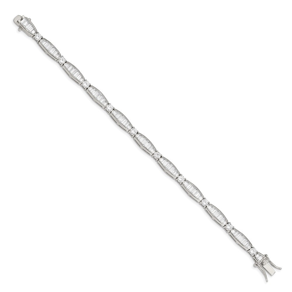 925 Sterling Silver Rhodium-plated Baguette and Round Cubic Zirconia Bracelet 7 inch