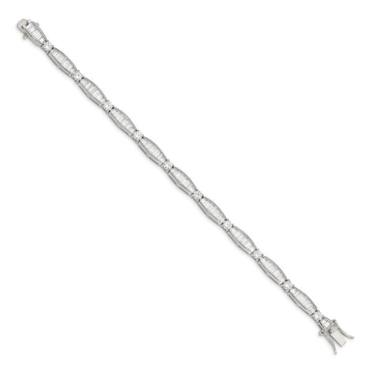 925 Sterling Silver Rhodium-plated Baguette and Round Cubic Zirconia Bracelet 7 inch