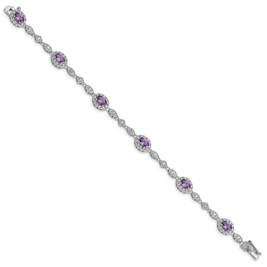 925 Sterling Silver Rhodium-plated Purple and Clear Cubic Zirconia Bracelet 7 inch