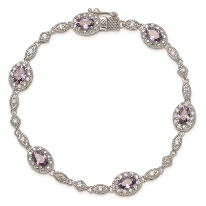 925 Sterling Silver Rhodium-plated Purple and Clear Cubic Zirconia Bracelet 7 inch