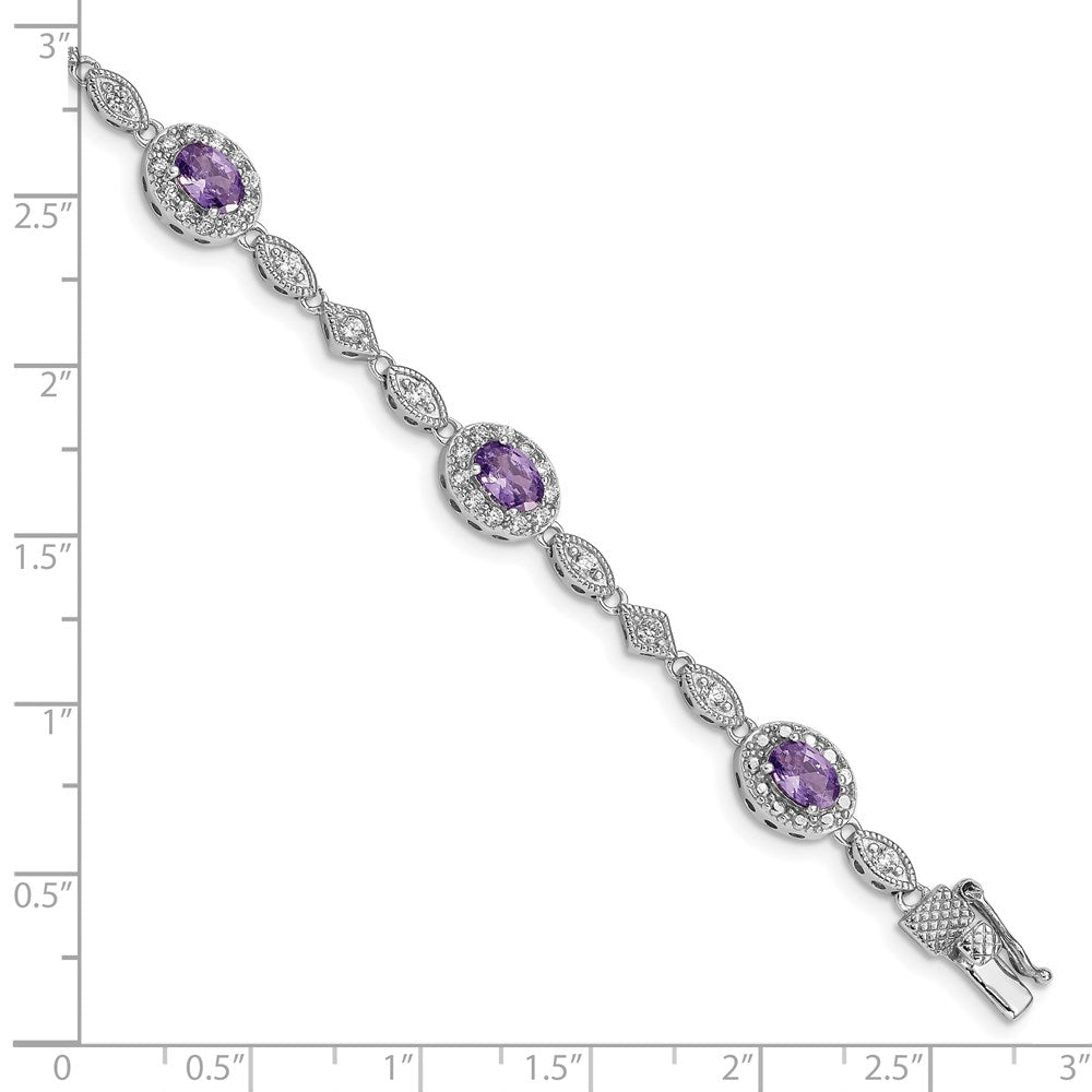 925 Sterling Silver Rhodium-plated Purple and Clear Cubic Zirconia Bracelet 7 inch