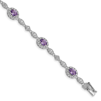 925 Sterling Silver Rhodium-plated Purple and Clear Cubic Zirconia Bracelet 7 inch