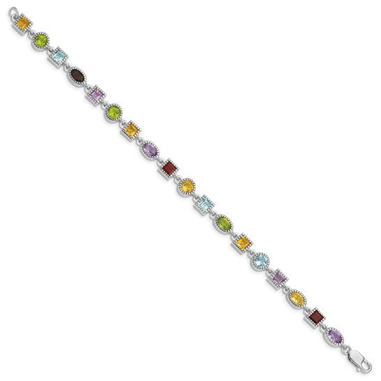 Sterling Silver Rhod Plated Rainbow Multi-Gemstone Bracelet 7"