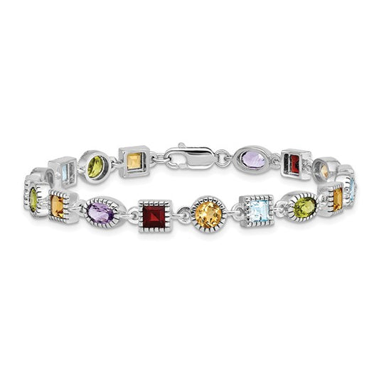 Sterling Silver Rhod Plated Rainbow Multi-Gemstone Bracelet 7"