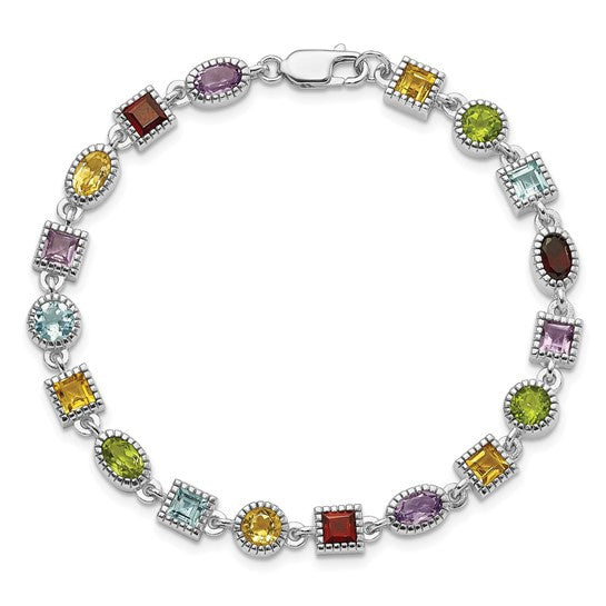 Sterling Silver Rhod Plated Rainbow Multi-Gemstone Bracelet 7"