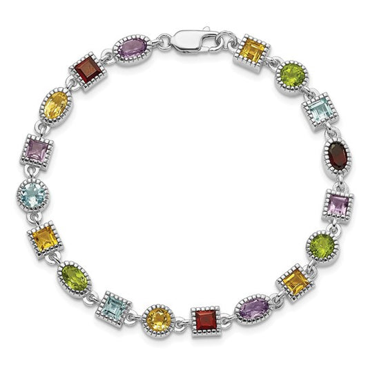 Sterling Silver Rhod Plated Rainbow Multi-Gemstone Bracelet 7"