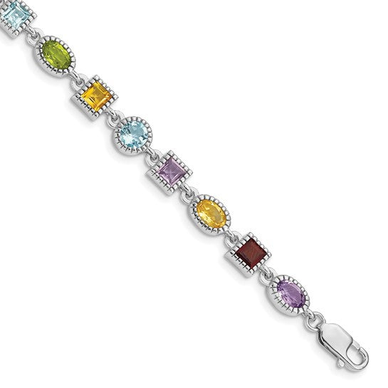 Sterling Silver Rhod Plated Rainbow Multi-Gemstone Bracelet 7"