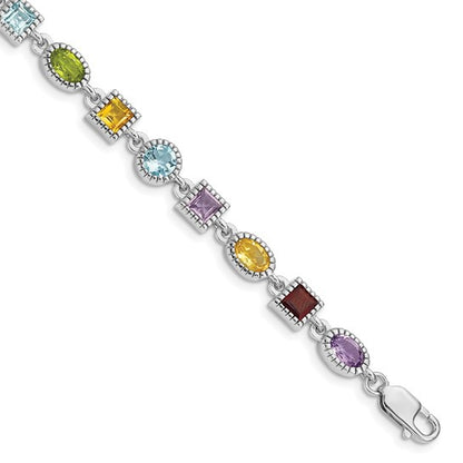 Sterling Silver Rhod Plated Rainbow Multi-Gemstone Bracelet 7"
