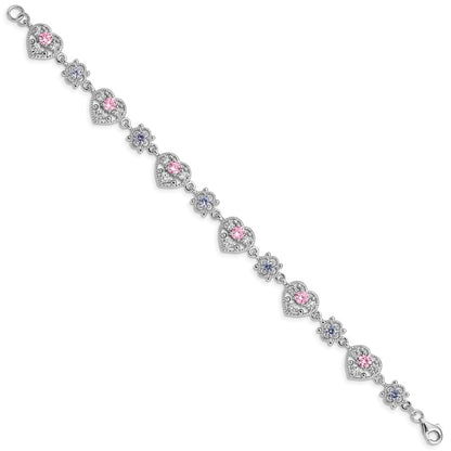 925 Sterling Silver 0mm Rhodium-plated Pink and Clear Cubic Zirconia Heart Bracelet 7 inch