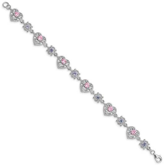 925 Sterling Silver 0mm Rhodium-plated Pink and Clear Cubic Zirconia Heart Bracelet 7 inch