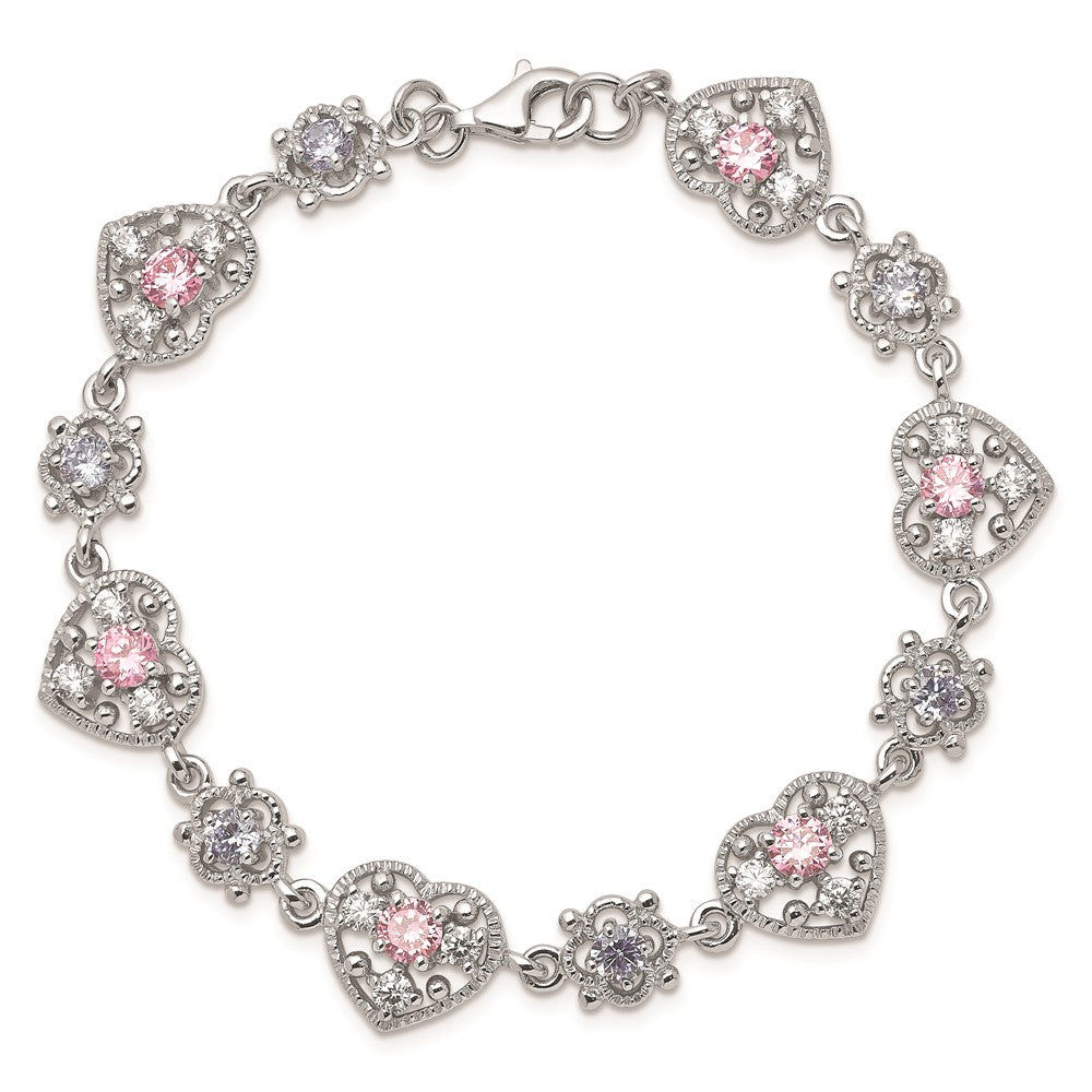 925 Sterling Silver 0mm Rhodium-plated Pink and Clear Cubic Zirconia Heart Bracelet 7 inch