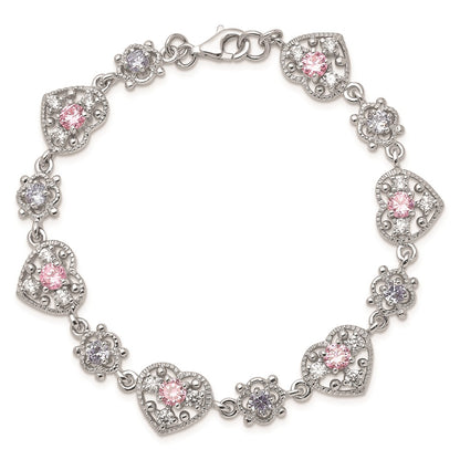 925 Sterling Silver 0mm Rhodium-plated Pink and Clear Cubic Zirconia Heart Bracelet 7 inch