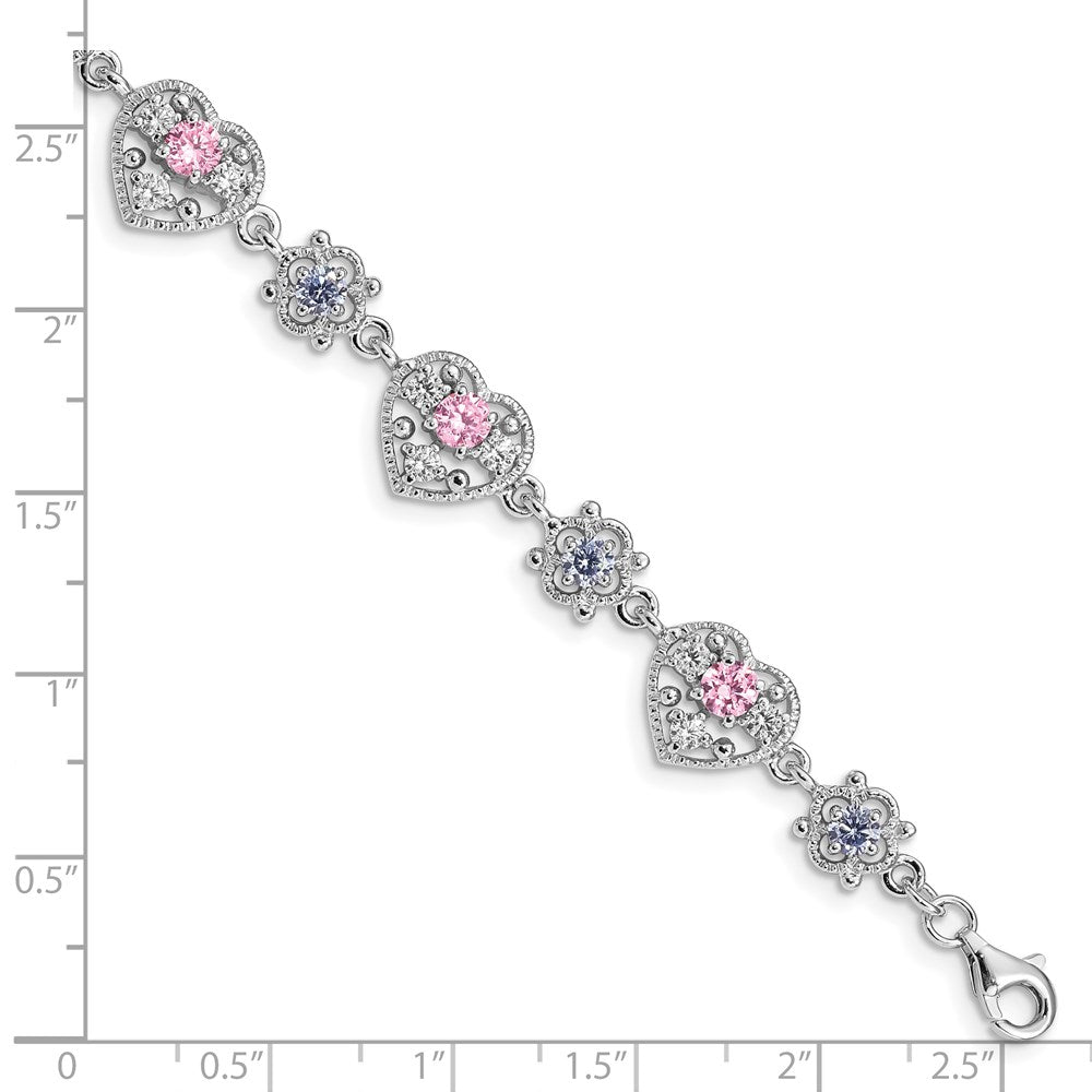 925 Sterling Silver 0mm Rhodium-plated Pink and Clear Cubic Zirconia Heart Bracelet 7 inch