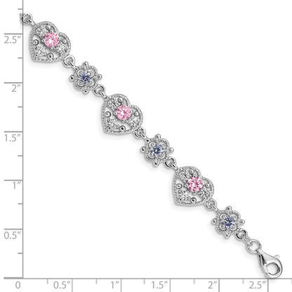 925 Sterling Silver 0mm Rhodium-plated Pink and Clear Cubic Zirconia Heart Bracelet 7 inch