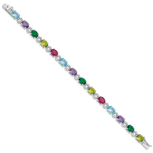 925 Sterling Silver 7mm Rhodium-plated Multicolor Cubic Zirconia Bracelet 7 inch