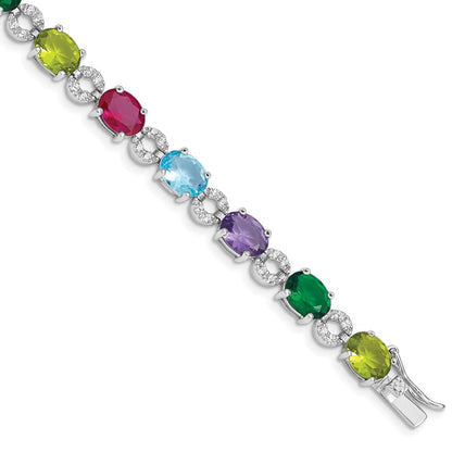 925 Sterling Silver 7mm Rhodium-plated Multicolor Cubic Zirconia Bracelet 7 inch