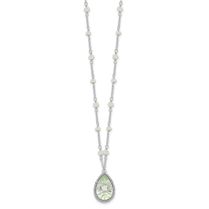 Sterling Silver Rhodium Green Quartz & Rnbow Moonstone Necklace 18"