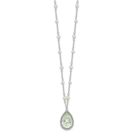Sterling Silver Rhodium Green Quartz & Rnbow Moonstone Necklace 18"