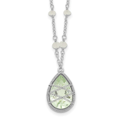 Sterling Silver Rhodium Green Quartz & Rnbow Moonstone Necklace 18"