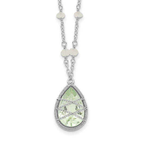 Sterling Silver Rhodium Green Quartz & Rnbow Moonstone Necklace 18"