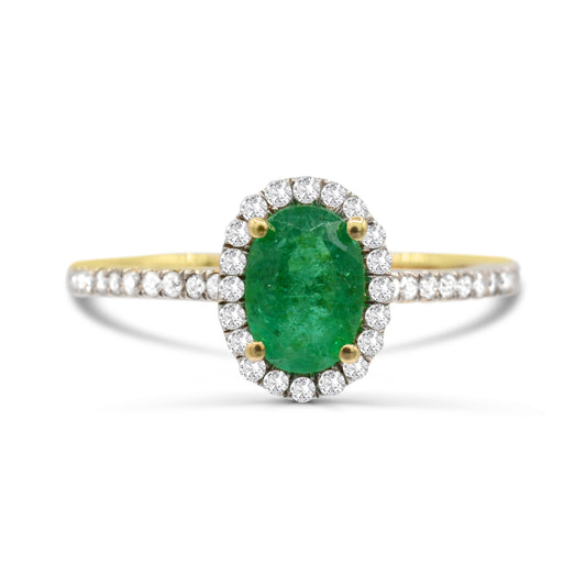 14K Gold Genuine Emerald & Diamond Halo Engagement Ring Size 7 -0.70Ct, G-H, SI3