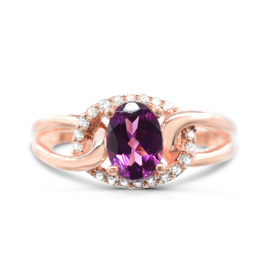 10K Rose Gold Purple Garnet & Diamond Engagement Ring Size 7 -0.90Ct, H-I, I1-I2