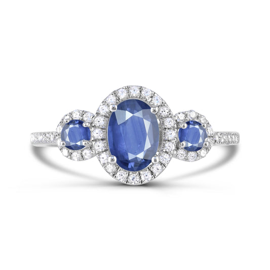 14K White Gold Blue Sapphire and Diamond Engagement Ring Size 7 - 0.90Ct