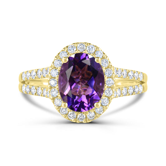 10K Yellow Gold Amethyst and White Zircon Engagement Ring Size 7 - 1.50Ct
