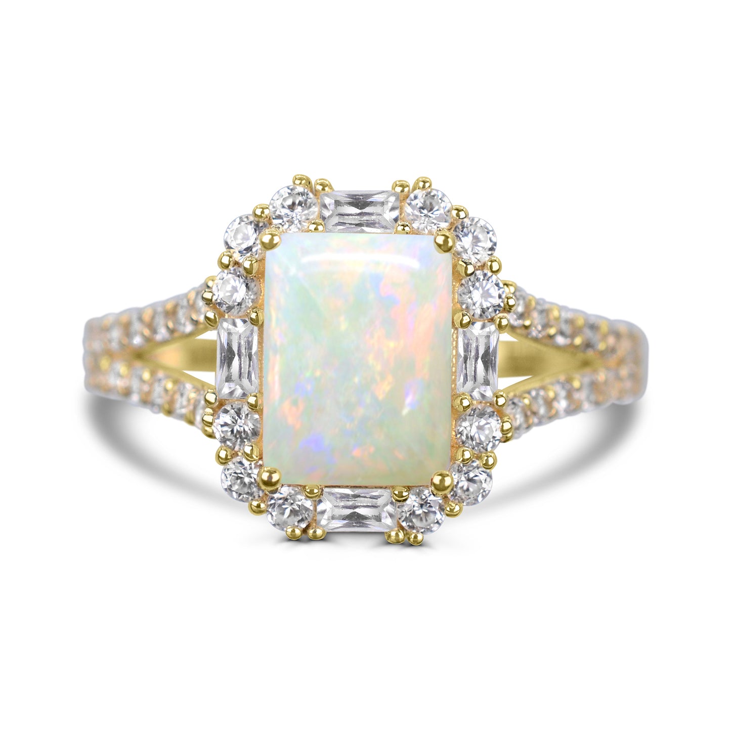 10K Yellow Gold Opal and White Zircon Engagement Ring Size 7 - 0.90Ct