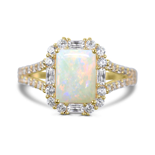 10K Yellow Gold Opal and White Zircon Engagement Ring Size 7 - 0.90Ct