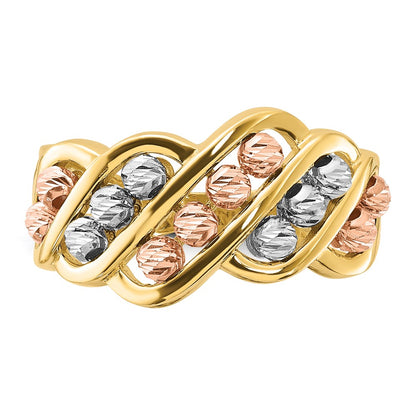 14K Tri-color Polished and Diamond-cut Beads Fashion Ring Size 7